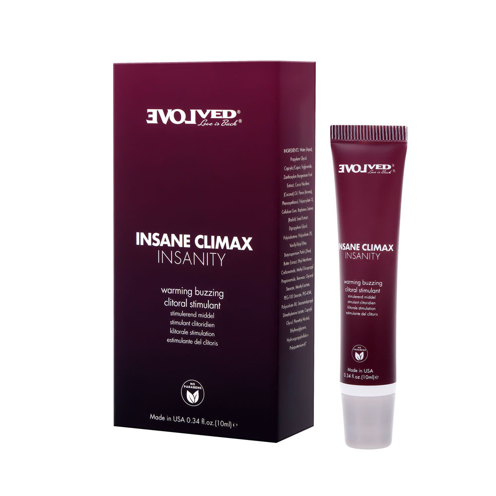 Evolved INSANE CLIMAX - INSANITY - Warming Buzzing Clitoral Stimulation Gel - 10 ml packaging with tube.