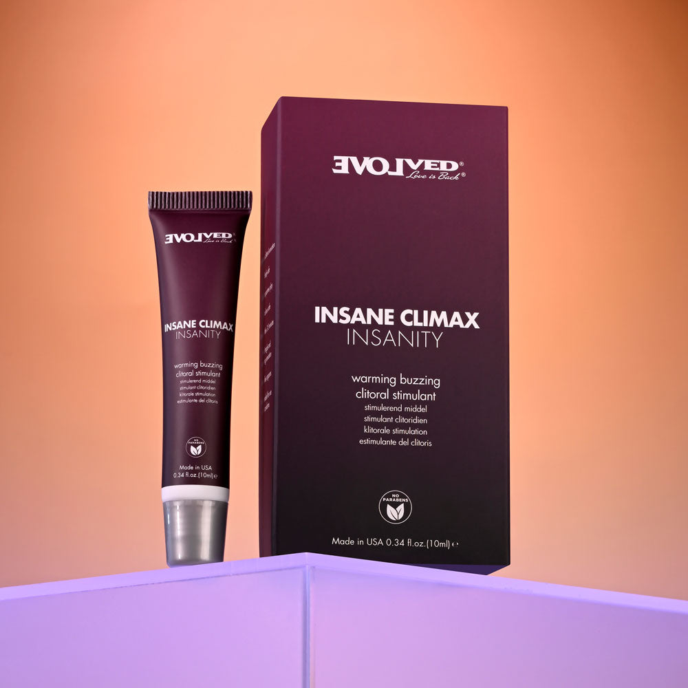 Evolved INSANE CLIMAX - INSANITY - Warming Buzzing Clitoral Stimulation Gel - 10 ml packaging on a colorful background.