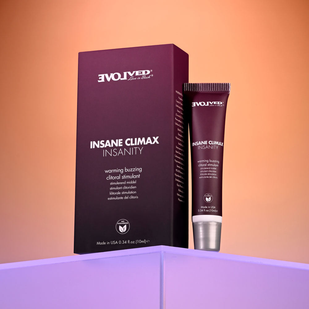 Evolved INSANE CLIMAX - INSANITY - Warming Buzzing Clitoral Stimulation Gel - 10 ml packaging on display.