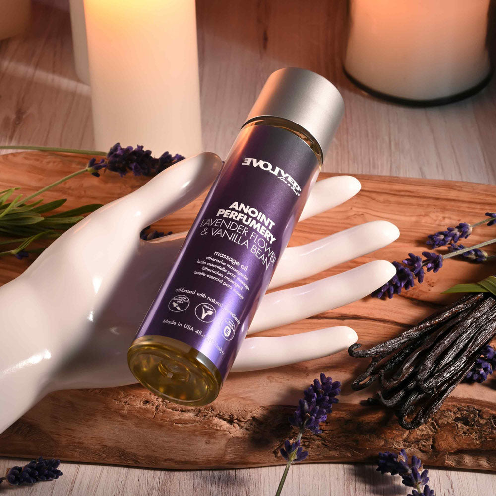 Evolved ANOINT PERFUMERY - Lavender Flower & Vanilla Bean - Lavender Flower & Vanilla Bean Massage Oil - 120 ml Bottle on display.