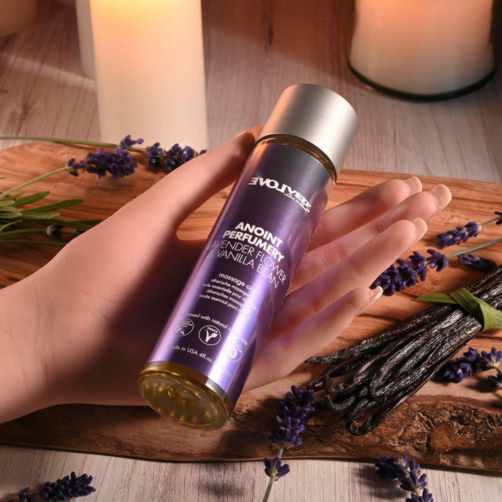 Evolved ANOINT PERFUMERY - Lavender Flower & Vanilla Bean - Lavender Flower & Vanilla Bean Massage Oil - 120 ml Bottle in hand