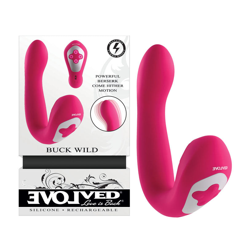 Evolved BUCK WILD - USB Rechargeable Flicking Vibrator in vibrant pink packaging with powerful features.