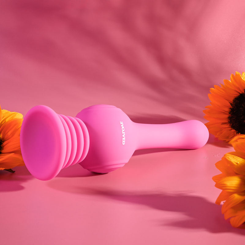 Evolved GYRO VIBE - 24.8 cm USB Rechargeable Super Vibrator with textured pink silicone design and vibrant sunflowers.
