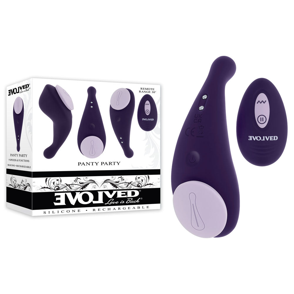 Evolved PANTY PARTY USB rechargeable panty vibrator with remote control, pleasure toy for private enjoyment.
