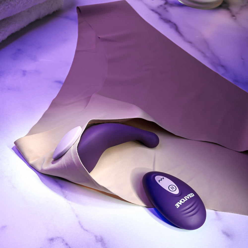 Evolved PANTY PARTY USB rechargeable panty vibrator and remote control on silk fabric.