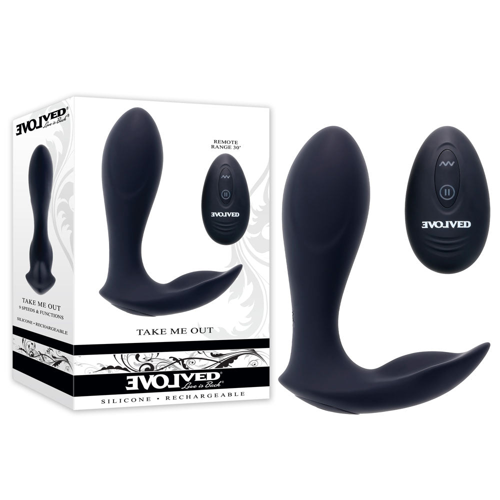 Evolved TAKE ME OUT USB rechargeable wearable vibrator with remote control for discreet pleasure.