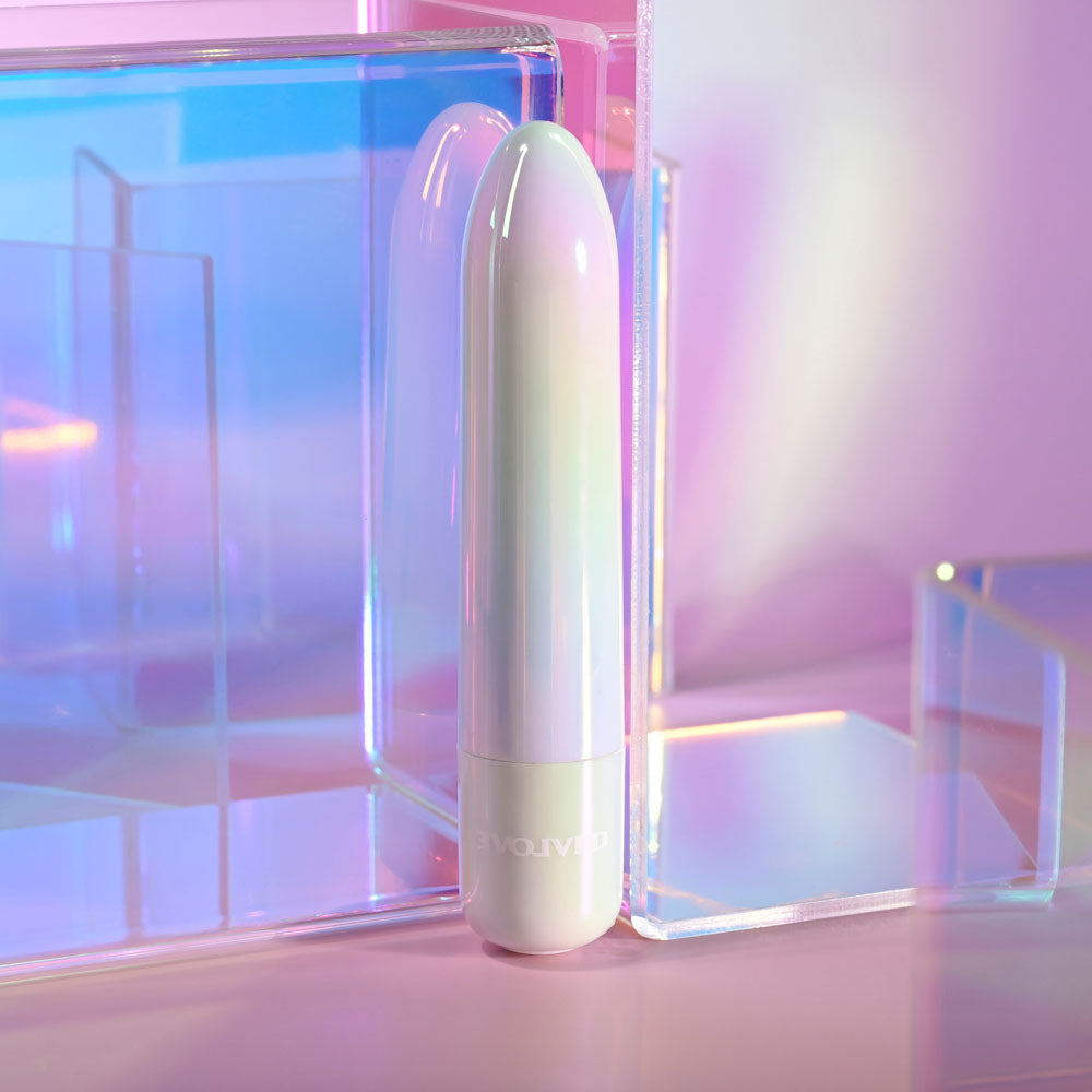 Evolved EASY DOES IT - Pearlescent 10 cm USB Rechargeable Bullet with pearly iridescence and sleek design.