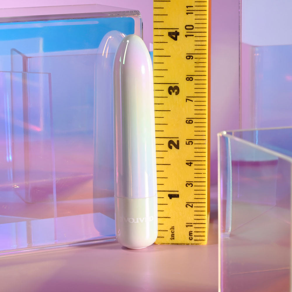 Evolved EASY DOES IT - Pearlescent 10 cm USB Rechargeable Bullet next to a ruler showing its size.