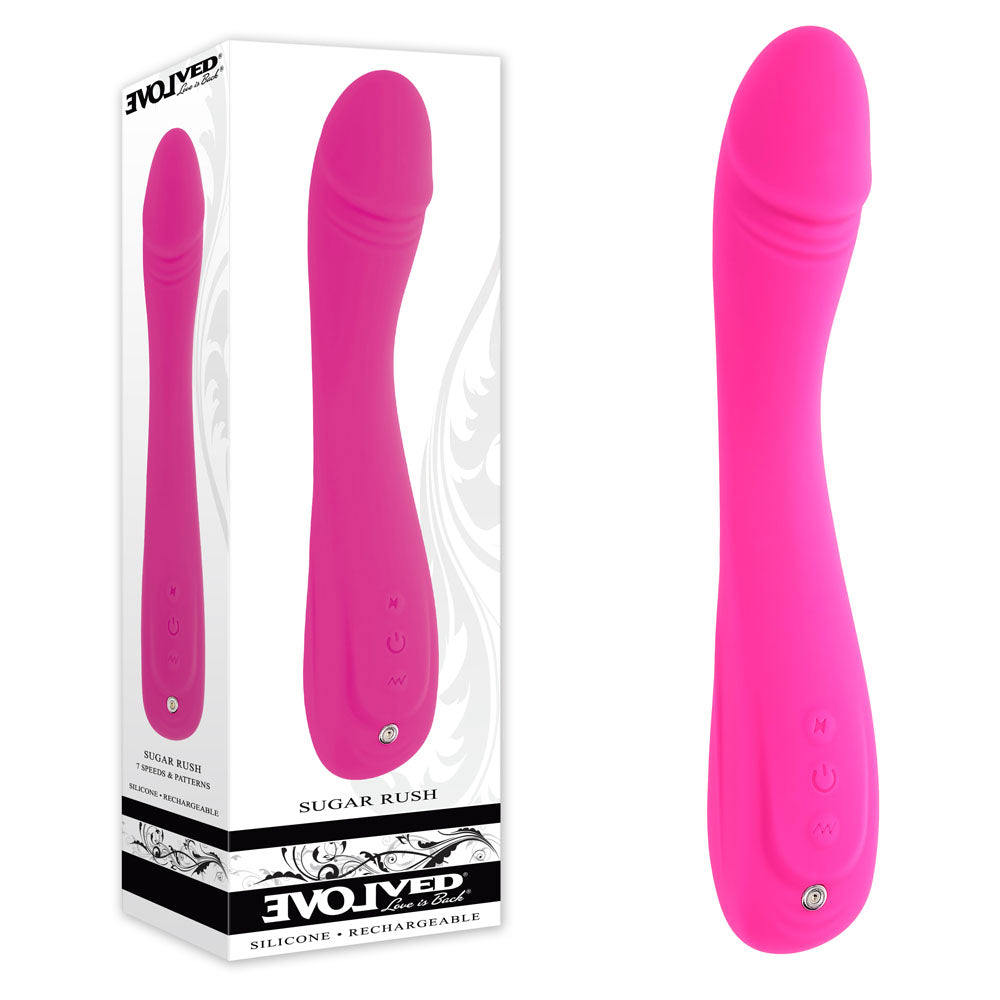 Evolved SUGAR RUSH - 21.6 cm USB Rechargeable Vibrator in pink packaging showcasing design and features.