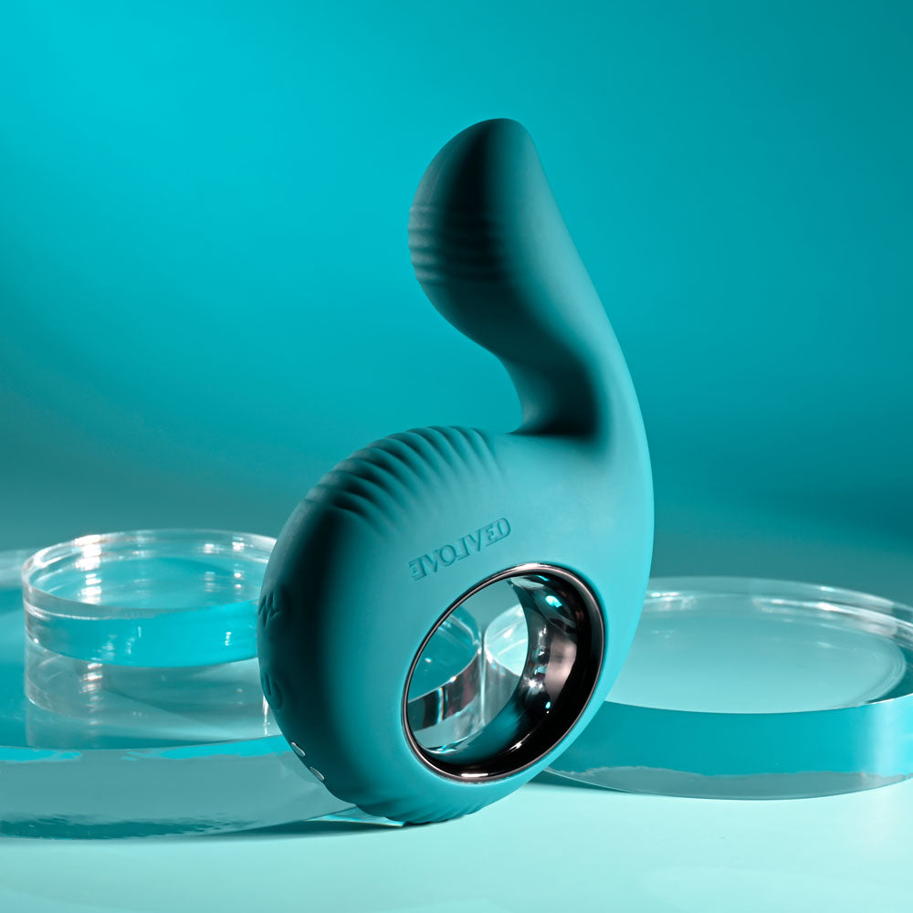 Evolved THUMBS UP - USB Rechargeable Stimulator in teal with textured shaft and safety base, perfect intimate essential for her.