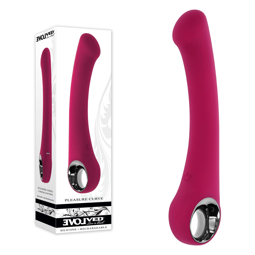Evolved PLEASURE CURVE - 19 cm USB Rechargeable Vibrator in pink with stylish chrome-finished handle and packaging.