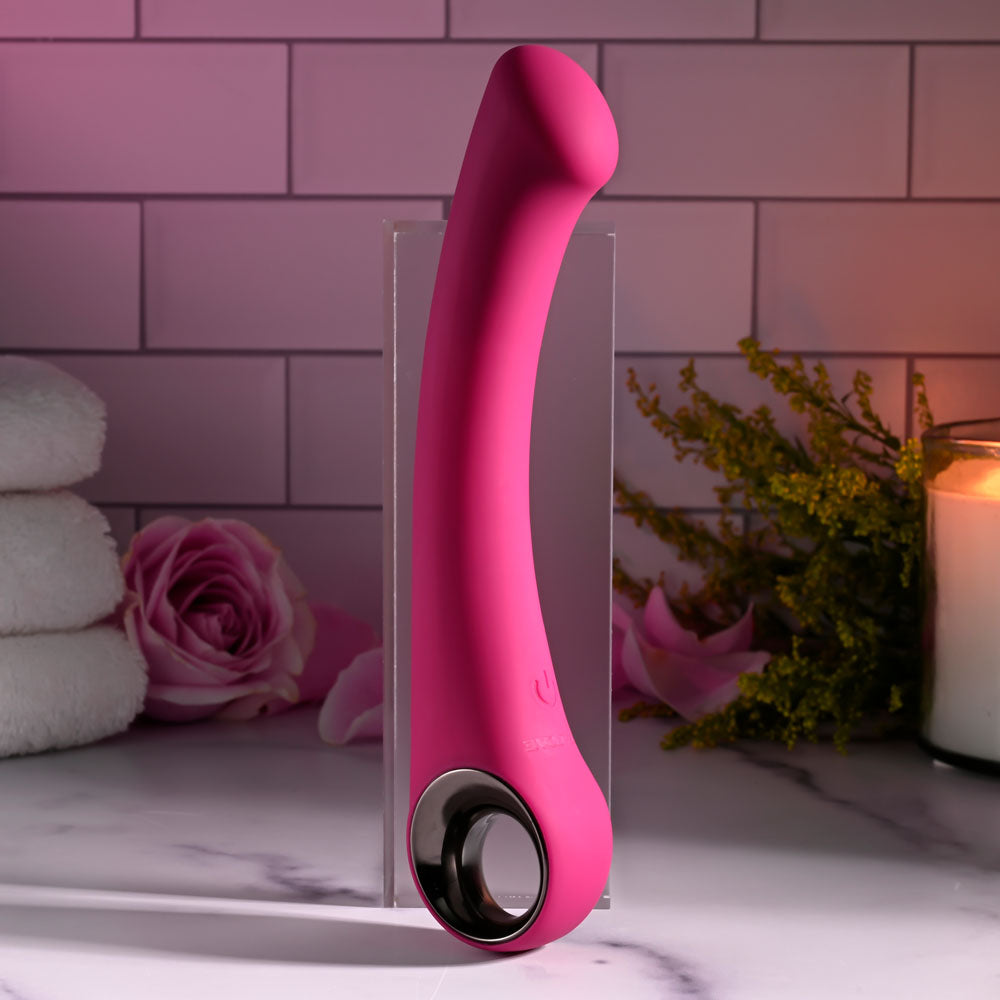 Evolved PLEASURE CURVE -  19 cm USB Rechargeable Vibrator in pink with a stylish chrome handle on display.