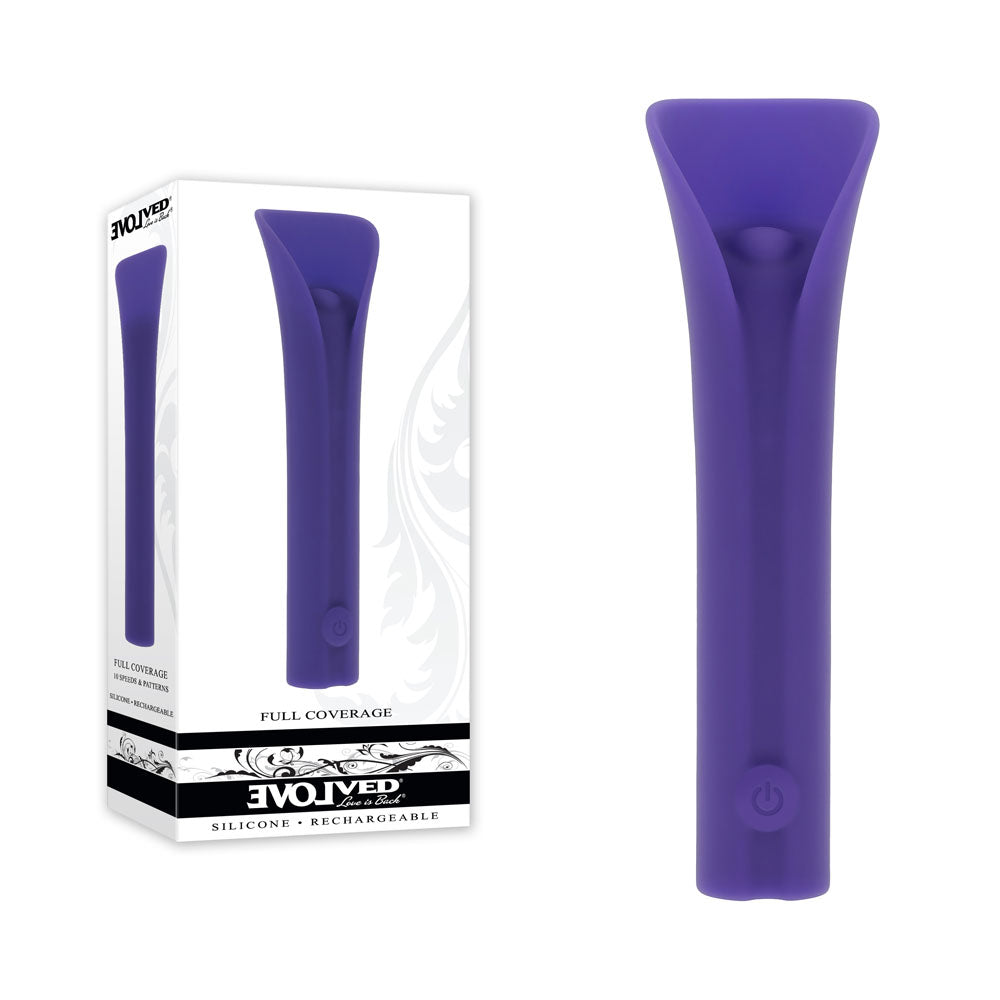 Evolved FULL COVERAGE - 11.9 cm USB Rechargeable Bullet in purple packaging, showcasing innovative design for pleasure.