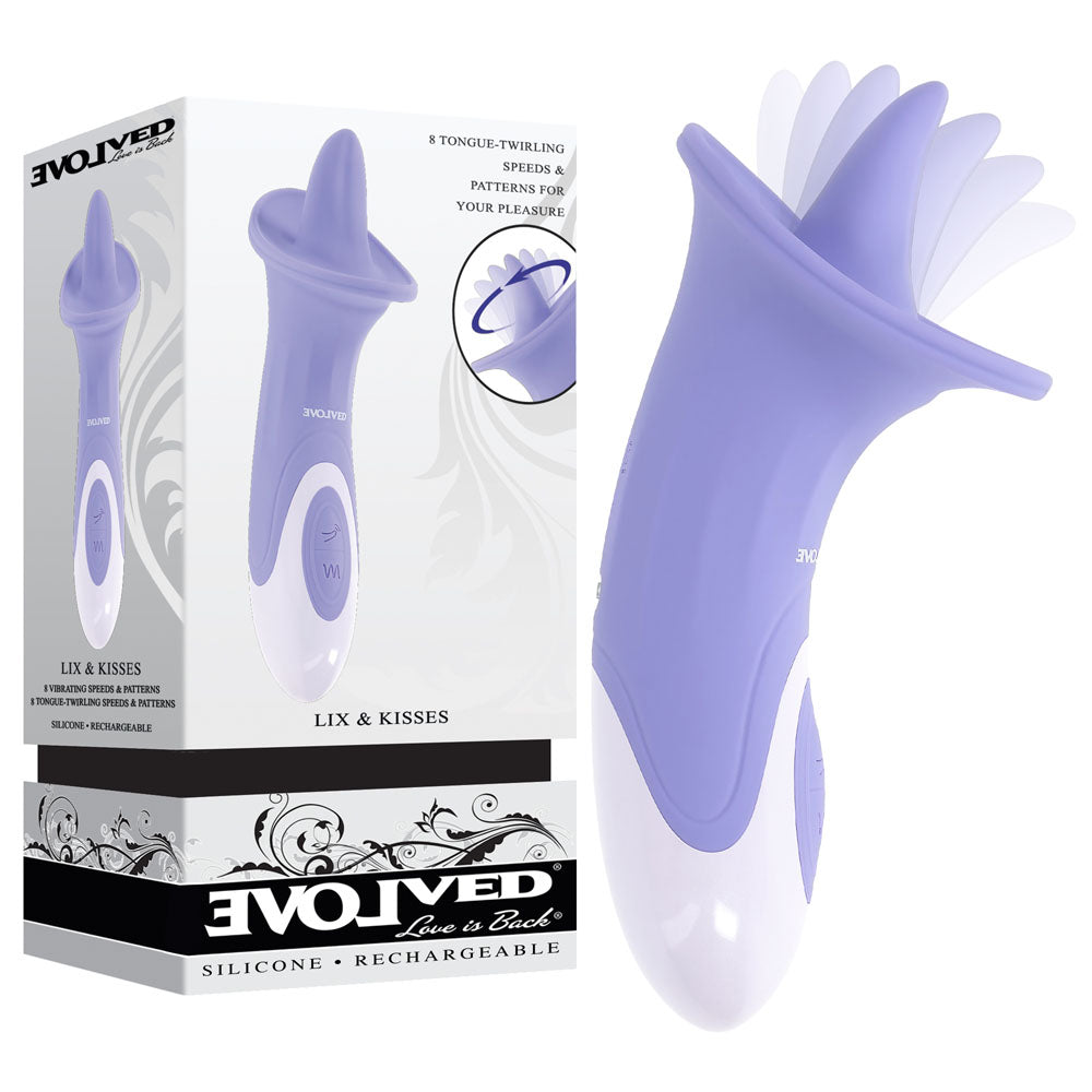 Evolved LIX & KISSES 18.7 cm USB rechargeable tongue stimulator, featuring multiple speeds and patterns for pleasure.