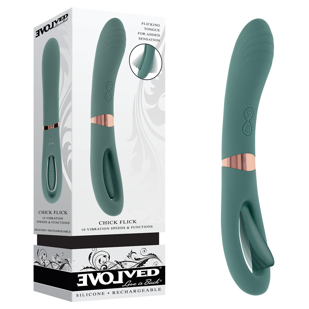 Evolved CHICK FLICK - Olive 24 cm USB rechargeable vibrator with flicking tip, featuring 10 vibration speeds and functions.