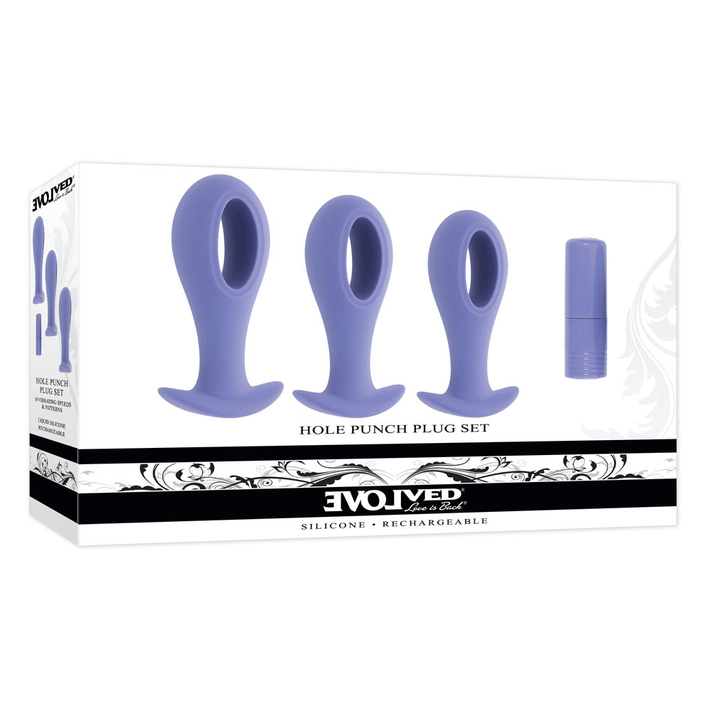 Evolved HOLE PUNCH PLUG SET -  Butt Plugs with Interchangeable Bullet - Set of 3 Sizes in silicone packaging.