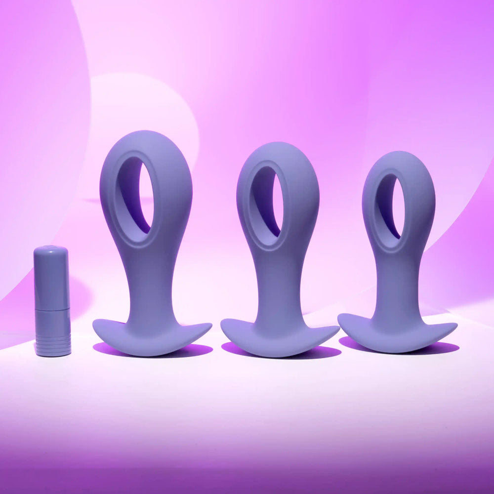 Evolved HOLE PUNCH PLUG SET -  Butt Plugs with Interchangeable Bullet - Set of 3 Sizes on a vibrant purple background.