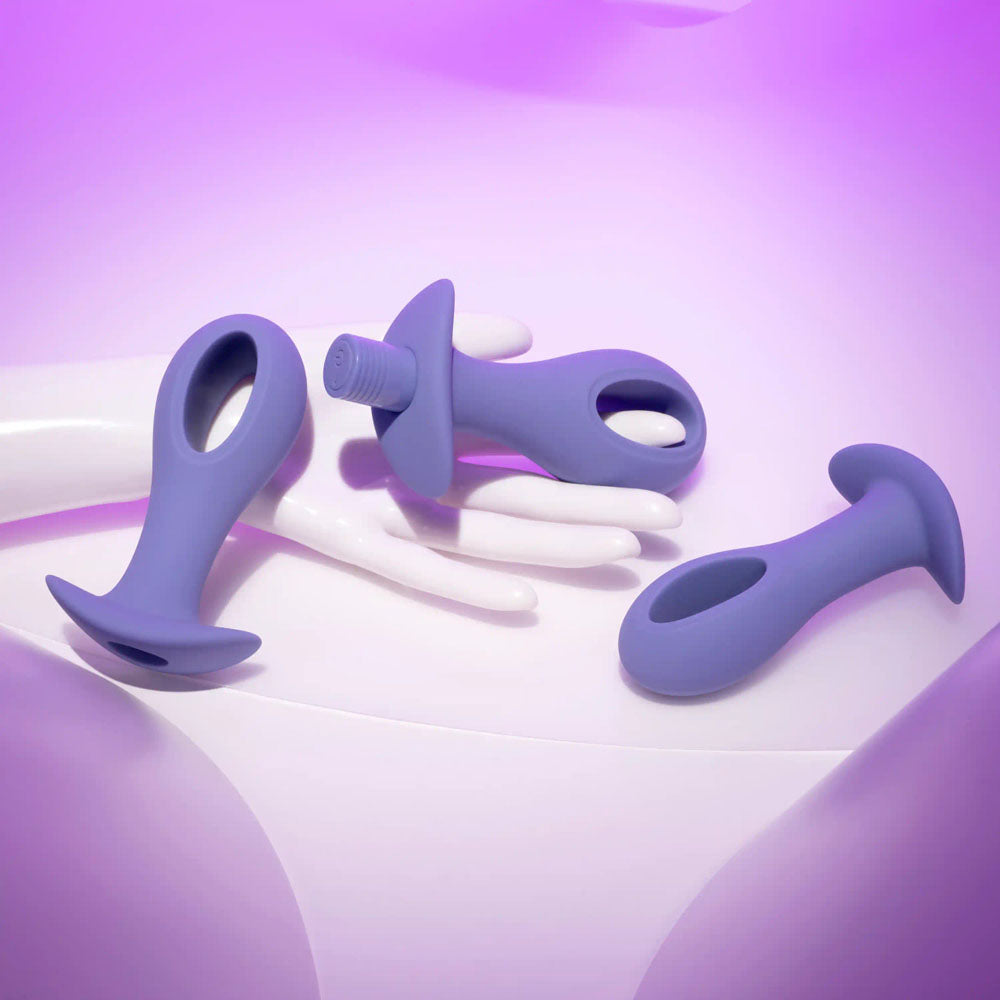 Evolved HOLE PUNCH PLUG SET -  Butt Plugs with Interchangeable Bullet - Set of 3 Sizes displayed on a lavender background.