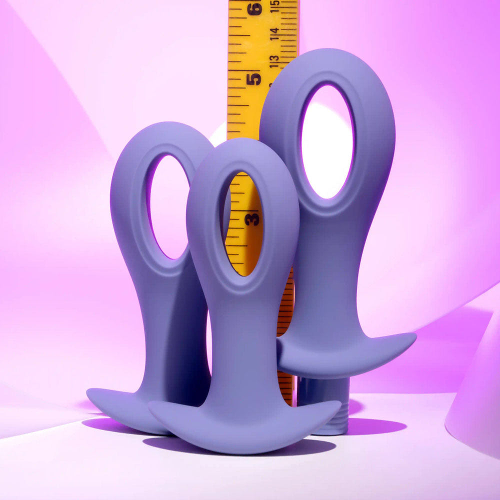 Evolved HOLE PUNCH PLUG SET -  Butt Plugs with Interchangeable Bullet - Set of 3 Sizes displayed with measurement ruler.