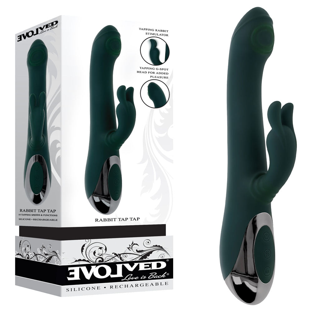 Evolved RABBIT TAP TAP - 25 cm USB Rechargeable Rabbit Vibrator with Tapping Tip in green silicone, showcasing tapping stimulation.