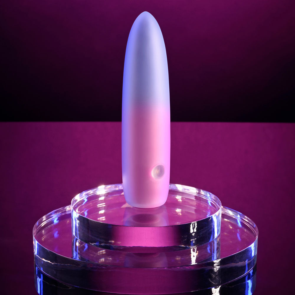 Evolved PARADISE BULLET - Pink/Purple 10.2 cm USB Rechargeable Bullet on a display.