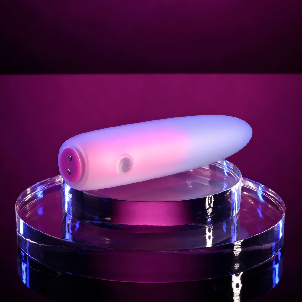 Evolved PARADISE BULLET - Pink/Purple 10.2 cm USB Rechargeable Bullet on display against a purple background.