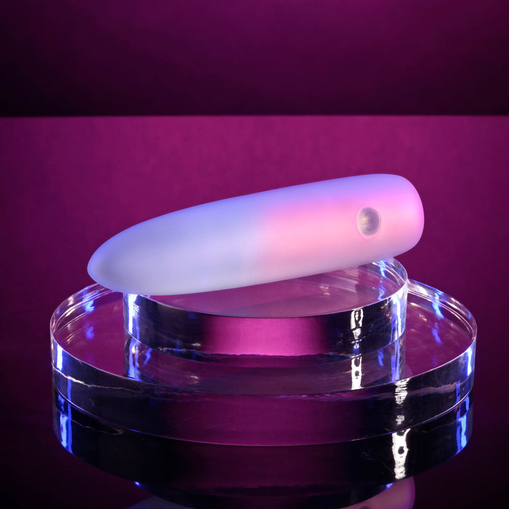 Evolved PARADISE BULLET - Pink/Purple 10.2 cm USB Rechargeable Bullet on a clear display base.
