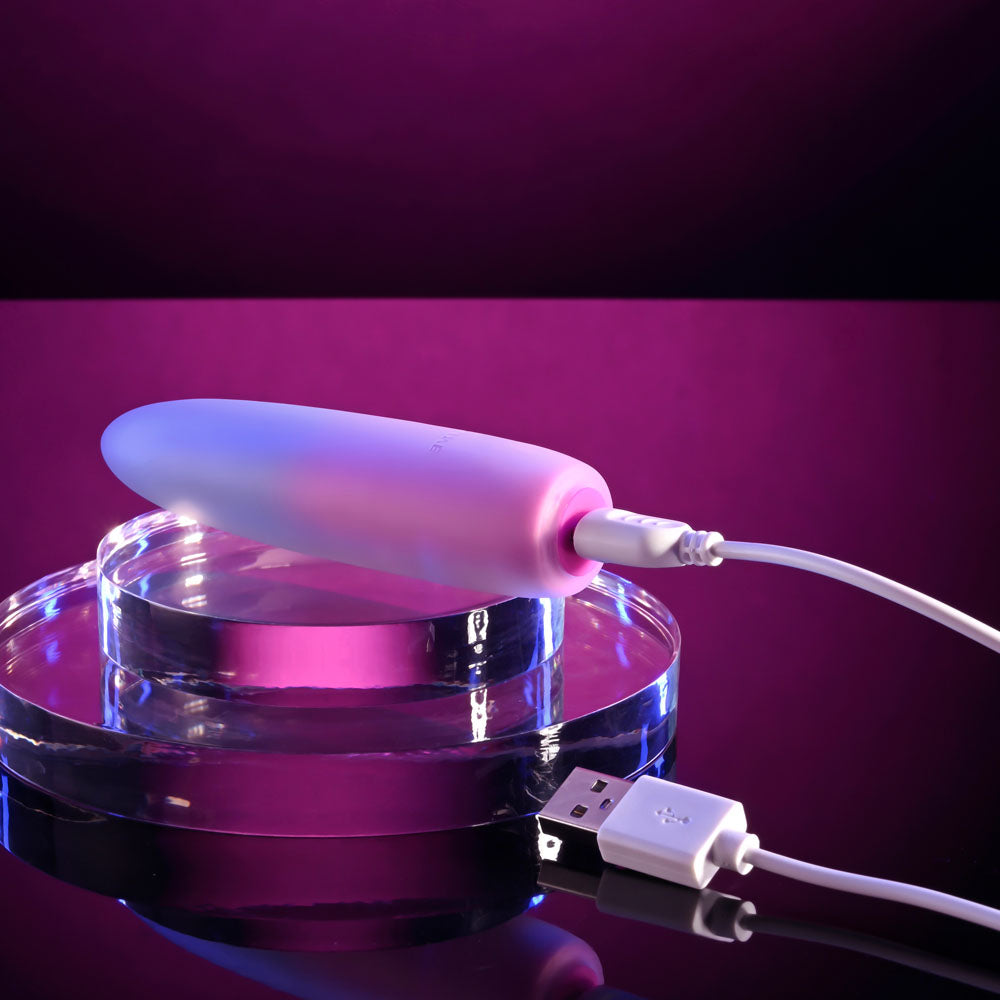 Evolved PARADISE BULLET - Pink/Purple 10.2 cm USB Rechargeable Bullet charging on a glass surface.