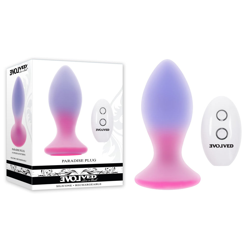 Evolved PARADISE PLUG - Pink/Purple 10.5 cm USB Rechargeable Vibrating Butt Plug with Wireless Remote next to its packaging.