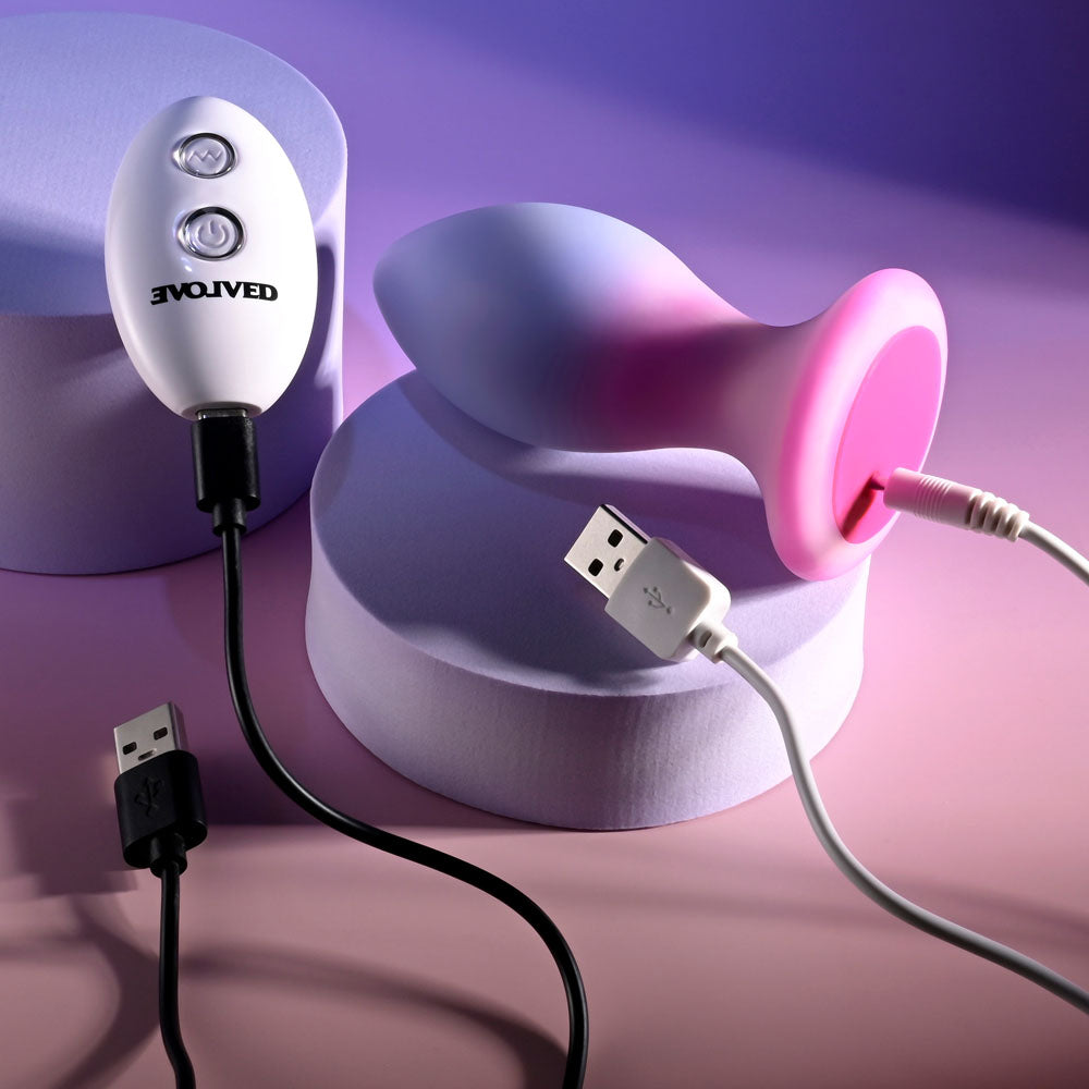 Evolved PARADISE PLUG - Pink/Purple 10.5 cm USB Rechargeable Vibrating Butt Plug with Wireless Remote on display.