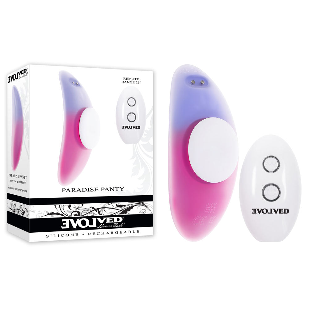 Evolved PARADISE PANTY - Pink/Purple USB Rechargeable Panty Vibrator with Remote Control and packaging.