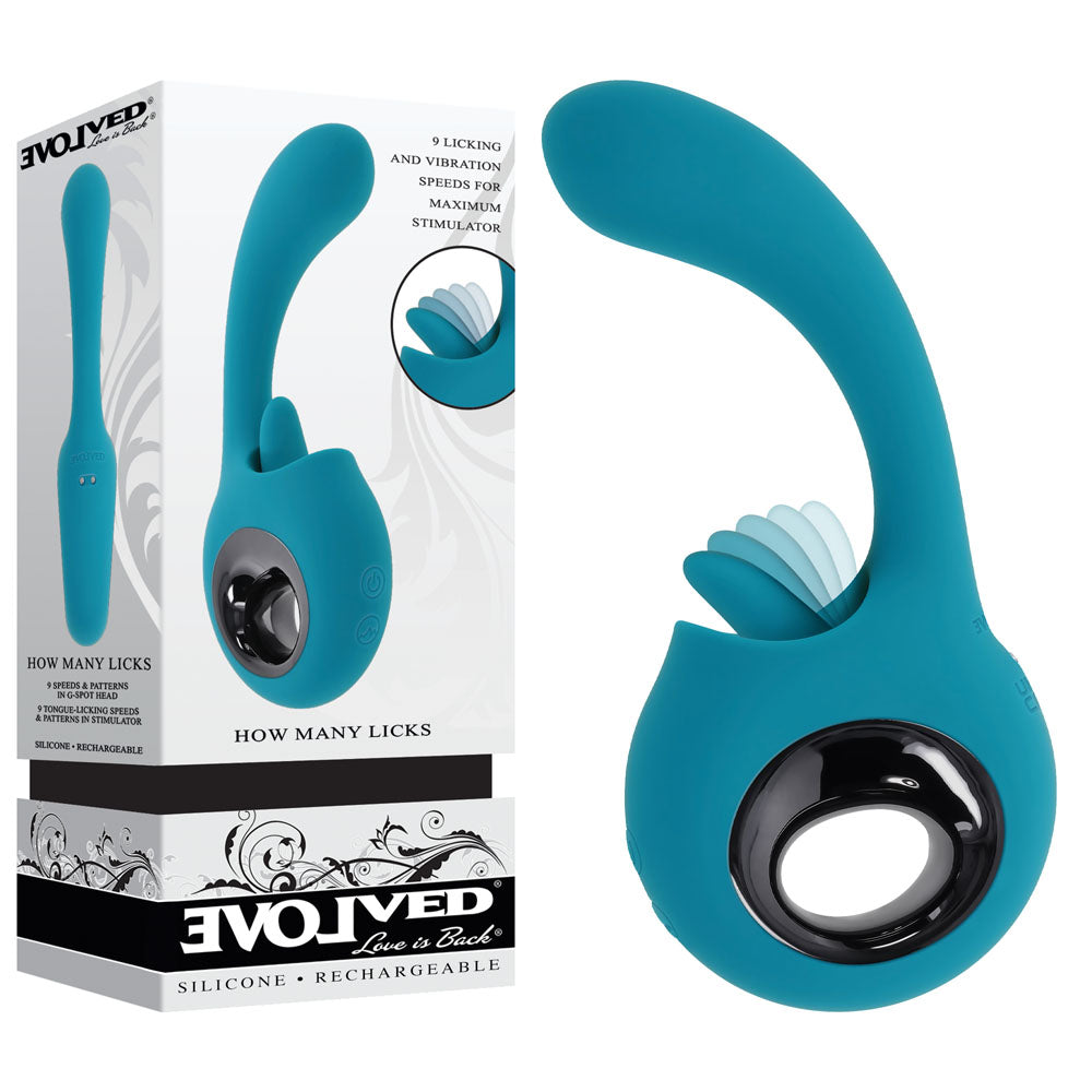 Evolved HOW MANY LICKS - 17.8 cm USB Rechargeable Vibrator with Flicking Stimulator, blue silicone design with packaging.