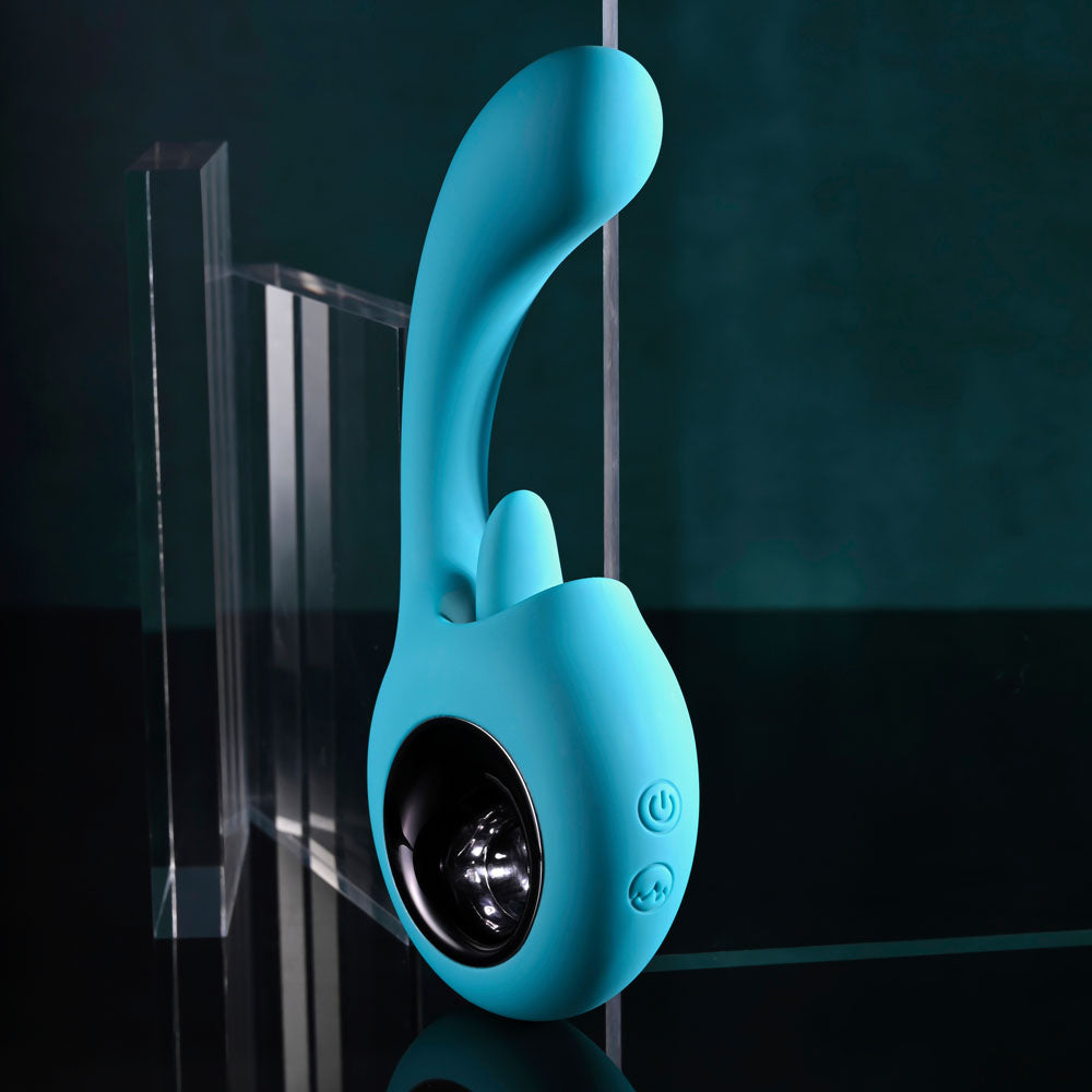 Evolved HOW MANY LICKS - 17.8 cm USB Rechargeable Vibrator with Flicking Stimulator in vibrant blue color.