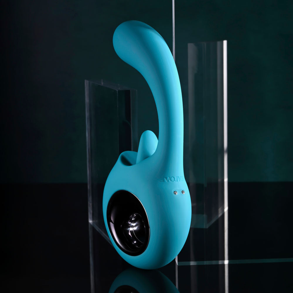 Evolved HOW MANY LICKS - 17.8 cm USB Rechargeable Vibrator with Flicking Stimulator in blue on display.