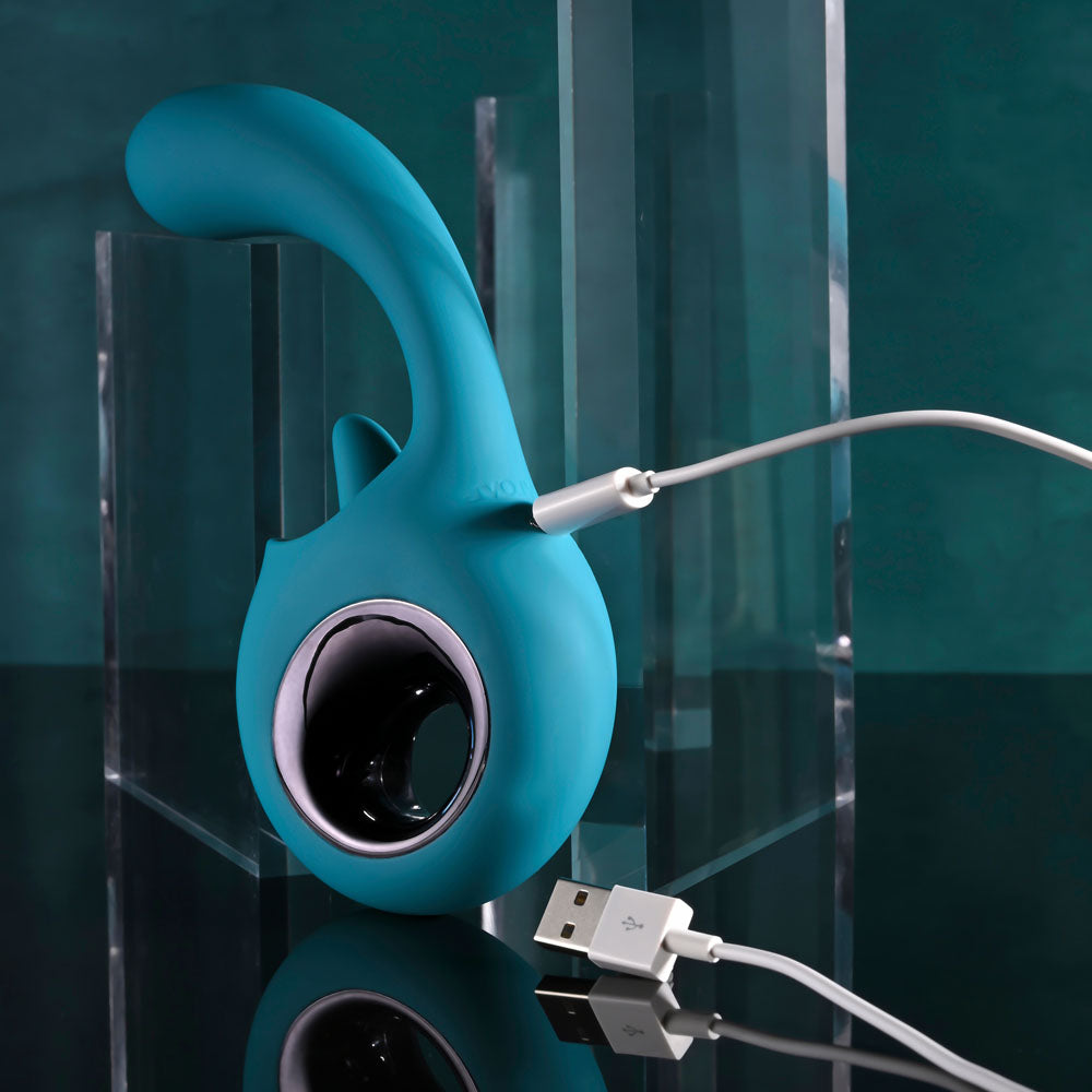 Evolved HOW MANY LICKS - 17.8 cm USB Rechargeable Vibrator with Flicking Stimulator on charging with USB cable.