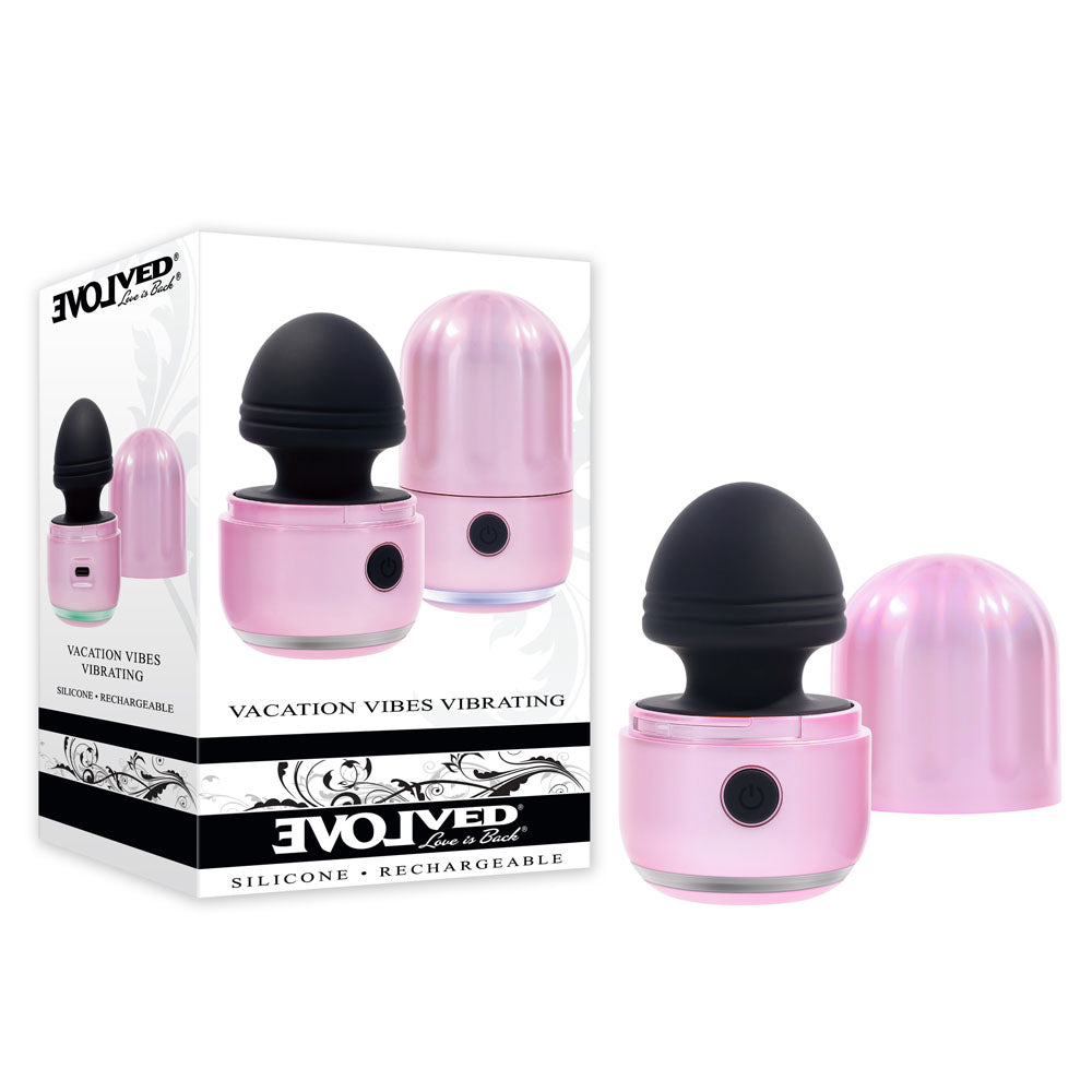 Evolved VACATION VIBES - VIBRATING - /Black 8.5 cm USB Rechargeable Vibrating Stimulator with packaging and product viewed.