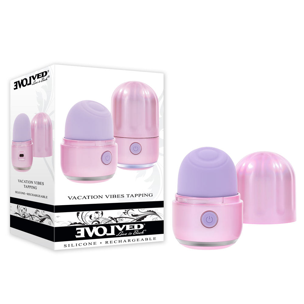 Evolved VACATION VIBES - TAPPING USB rechargeable tapping stimulator in pink and lavender colors.