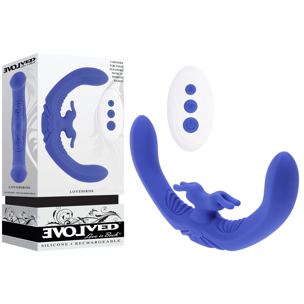 Evolved LOVEBIRDS - 20.8 cm USB Rechargeable Double-Ended Rabbit Vibrator with Remote displayed with packaging.
