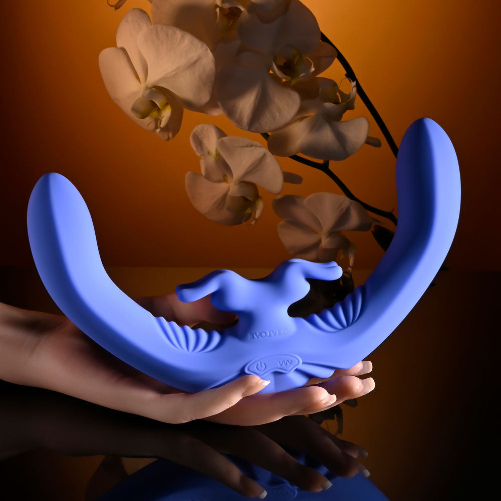 Evolved LOVEBIRDS - 20.8 cm USB Rechargeable Double-Ended Rabbit Vibrator with Remote in blue, designed for dual pleasure.