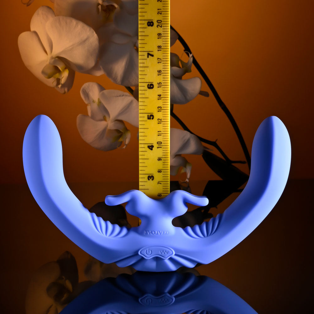 Evolved LOVEBIRDS -  20.8 cm USB Rechargeable Double-Ended Rabbit Vibrator with Remote beside a ruler for size reference.