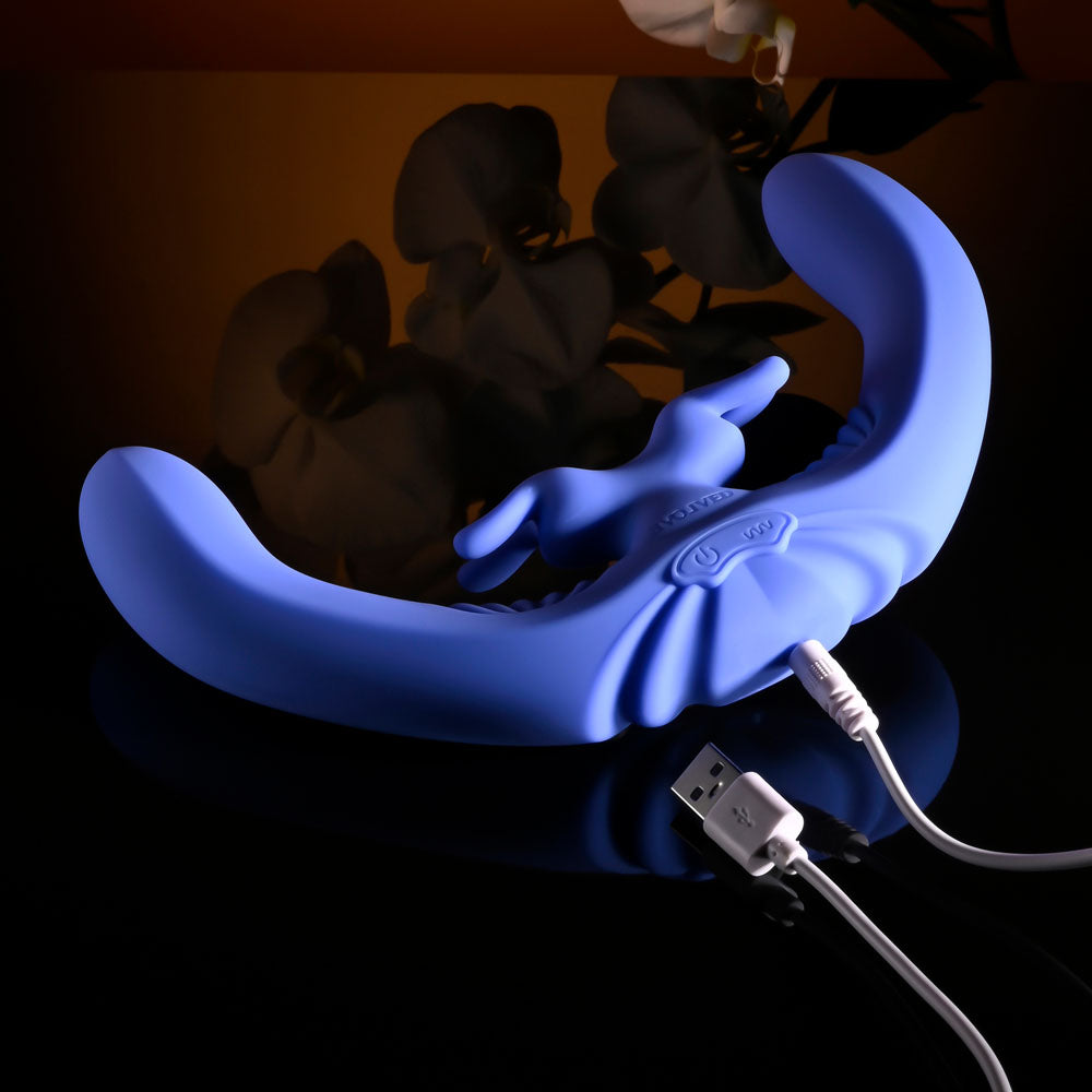 Evolved LOVEBIRDS - 20.8 cm USB Rechargeable Double-Ended Rabbit Vibrator with Remote, blue design, charging cable attached.