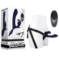 Evolved GIVING VIBES - 14.6 cm USB rechargeable vibrating strap-on with remote on a mannequin with adjustable harness.