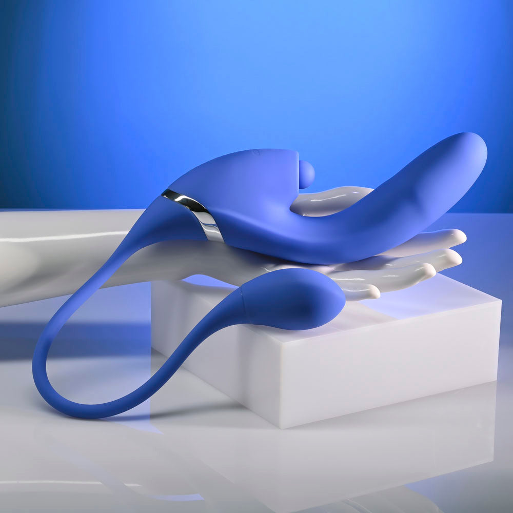 Evolved ALL IN -  USB Recahrgeable Triple Stimulating Vibrator displayed on a hand, showcasing its unique design and features.