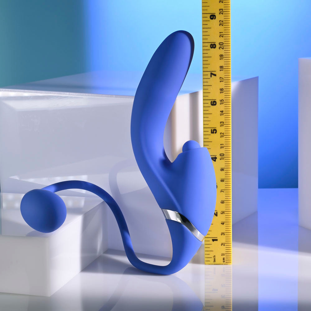 Evolved ALL IN -  USB Recahrgeable Triple Stimulating Vibrator displayed with a measuring tape for size reference.