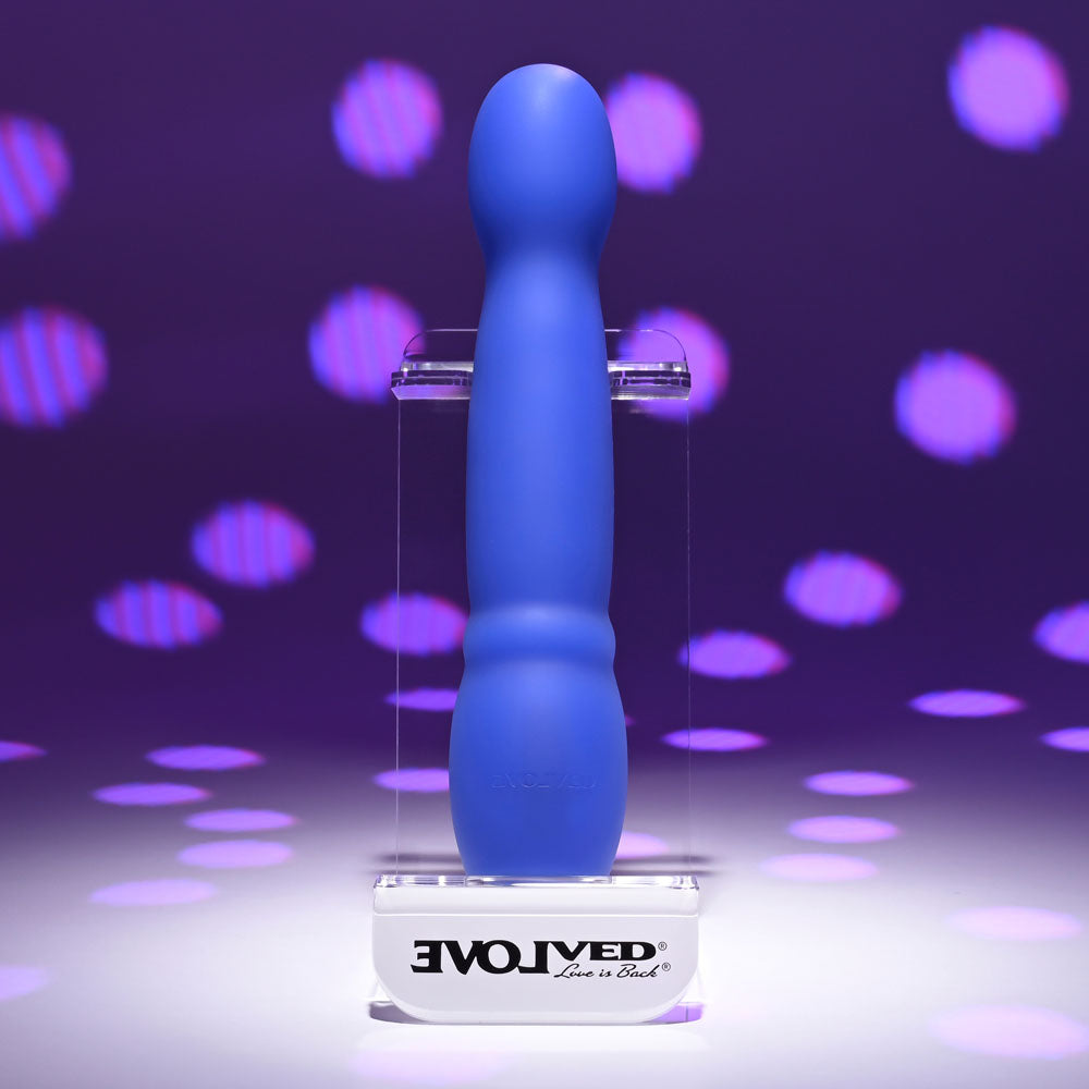 Evolved DISCO DIVA - 20.9 cm USB Rechargeable Light Up Vibrator in blue with swirling lights background.