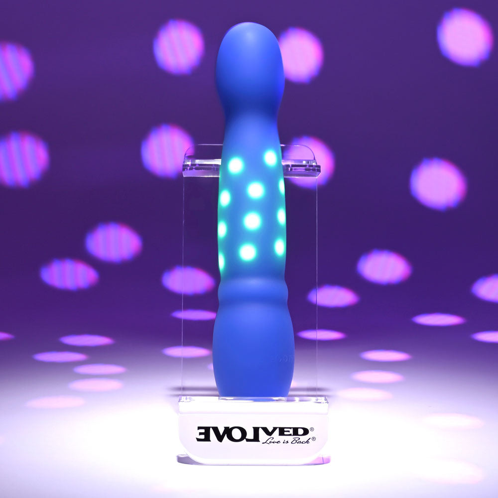 Evolved DISCO DIVA - 20.9 cm USB Rechargeable Light Up Vibrator with blue and green lights, sleek design, vibrant colors.