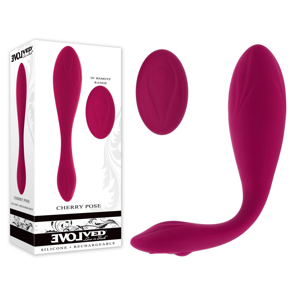 Evolved CHERRY POSE - 16.1 cm USB Rechargeable Flexible & Posable Vibrator with Remote and box packaging.