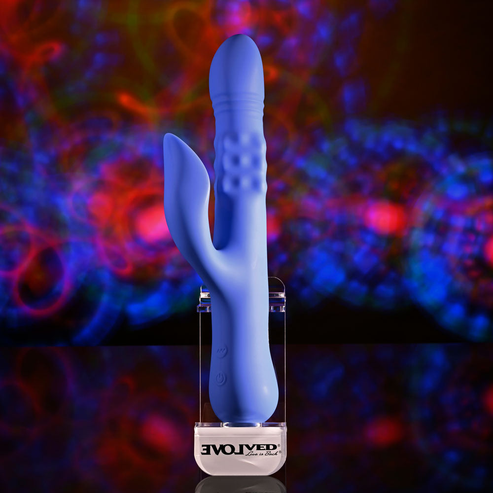 Evolved POP GOES THE O -  24.7 cm USB Rechargeable Thrusting & Bulging Rabbit Vibrator on display.
