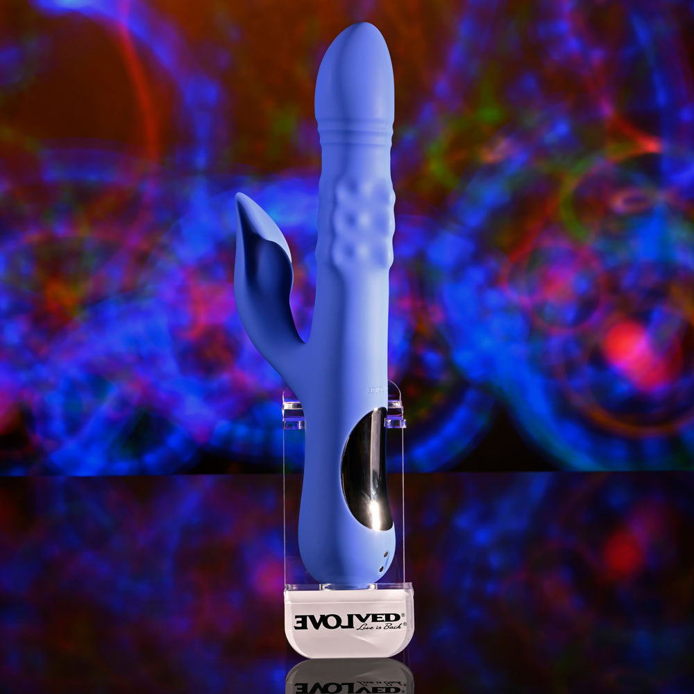 Evolved POP GOES THE O - 24.7 cm USB Rechargeable Thrusting & Bulging Rabbit Vibrator displayed against a colorful background.