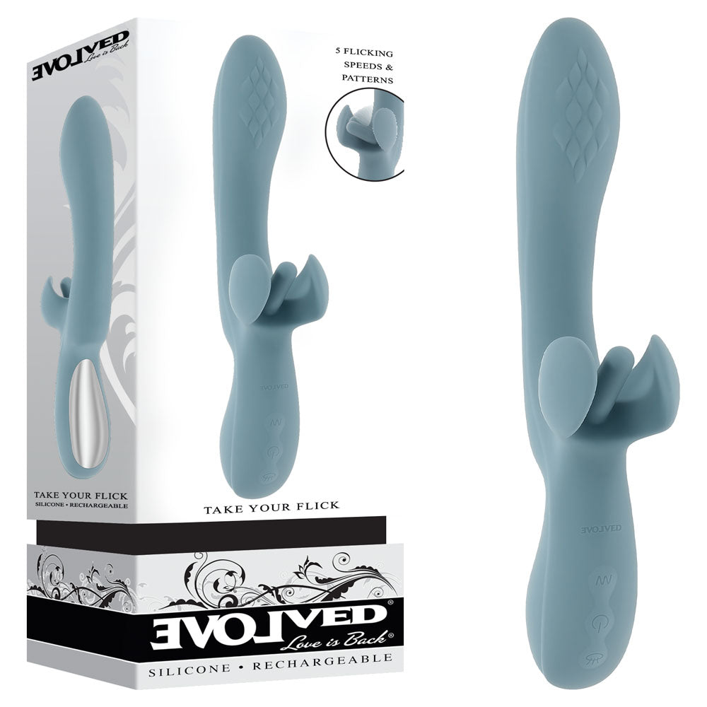 Evolved TAKE YOUR FLICK - Grey 24.1 cm USB Rechargeable Vibrator with Flicking Clitoral Stimulator in packaging.